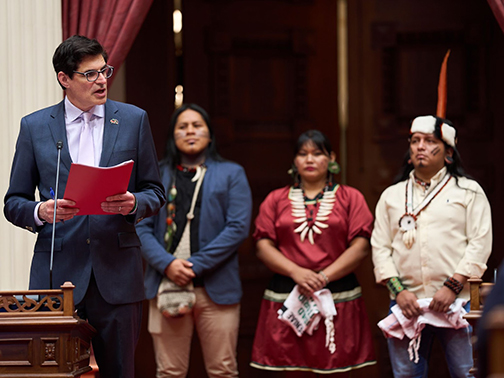 Senator Becker presenting a resolution to leaders from the Ecuadorian Amazon,  Juan Bay, President of the Waorani Nation, Jhajayra Machoa, A’i Cofán of CONFENIAE, and Nadino Calapucha of the Kichwa organization Pakkiru. 