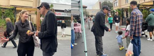 Senator Josh Becker greeting market goers at the Los Gatos Farmers Market.