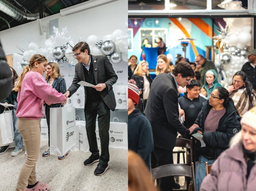 Senator Becker and AT&amp;T President Susan Santana handing out free laptops to students.
