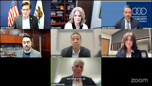 Pictured here: Senator Becker, Cañada College President Kim Lopez, SMCCCD Chancellor Melissa Moreno, College of San Mateo President Dr. Manuel Alejandro Pérez, Skyline College President Dr. Nathan Carter, and SMCCCD Trustee John Pimental.