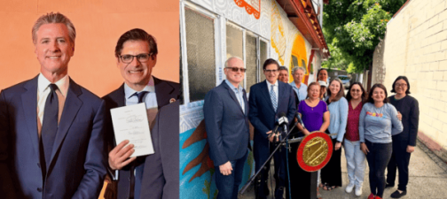 (left) Senator Becker with Governor Gavin Newsom; (right) Senator Becker with supporters of SB 254.