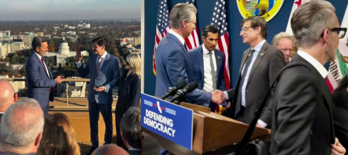 (left) Senator Becker being sworn into office with San Mateo County Supervisor Ray Mueller; (right) Senator Becker with Governor Gavin Newsom.
