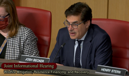 Senator Becker chairing Joint Informational Hearing on Senate Committees on Natural Resources and Water and Emergency Management.