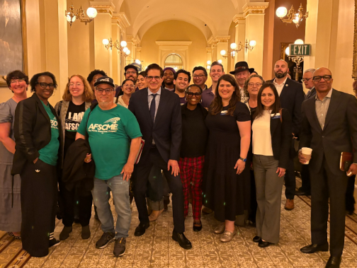 Senator Becker with local elected officials, labor and community leaders, and residents testifying in support of a VLF solution.