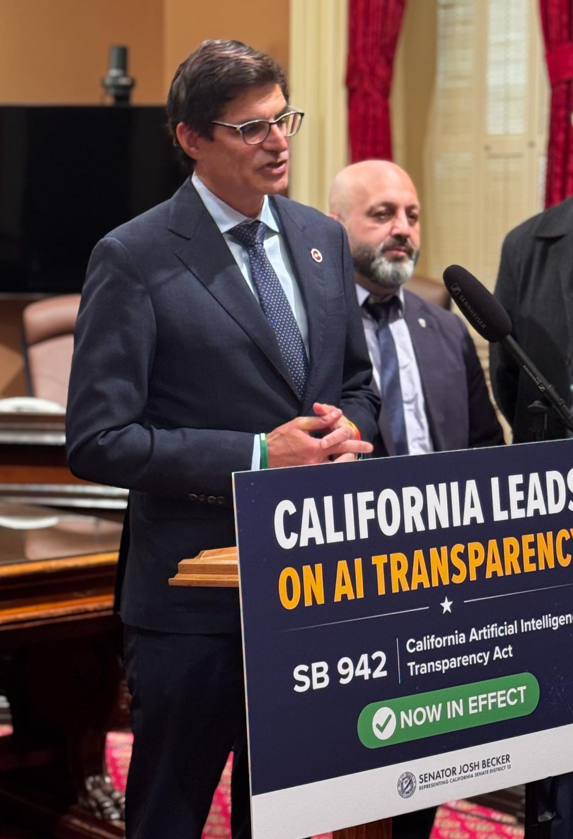 Senator Becker providing an update on the implementation of the California Artificial Transparency Act at the State Capitol.
