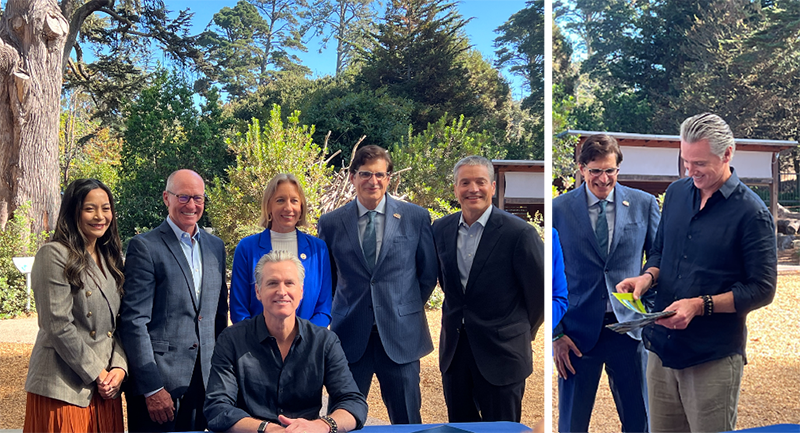 Governor Newsom signing Senator Becker’s SB 1048 during a bill signing ceremony.