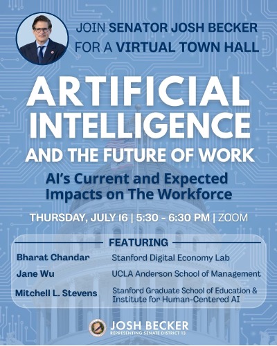 Senator Josh Becker Artificial Intelligence Virtual Town Hall Flyer