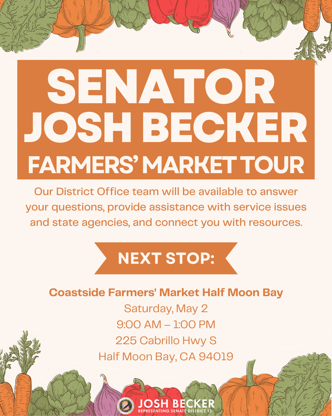 Senator Josh Becker Farmer's Market Tour Flyer 