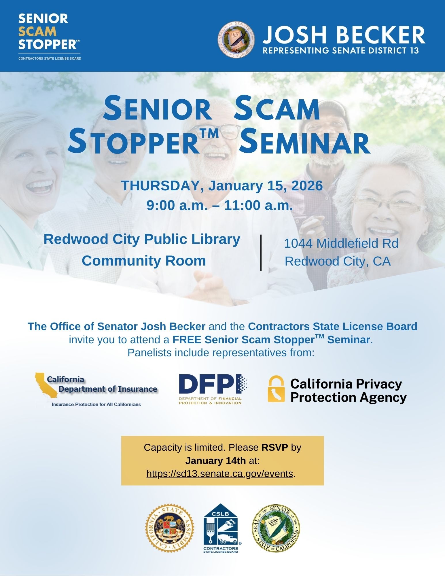 Senior Scam Stopper Seminar graphic with details of the event