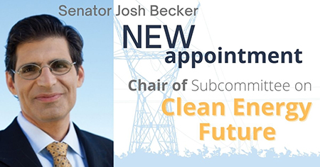 Photo of Senator Josh Becker showing his name, title and the words "New appointment | Chair of Subcommittee Committee | Clean Energy Future" 