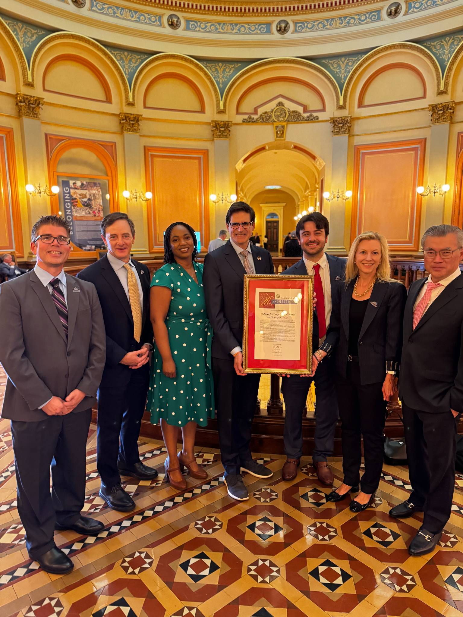 Senator Becker with Professor Sean Curran, Vice Dean, USC Leonard Davis School of Gerontology; Remy Gross, Executive Vice President of Administration at the Buck Institute; Senator Akilah Weber Pierson, M.D.; Dylan Livingston, President of the Alliance for Longevity Initiatives; Sonia Arrison, Chair of the Alliance for Longevity Initiatives; and Joon Yun, M.D., Creator of the $1 Million Palo Alto Longevity Prize.