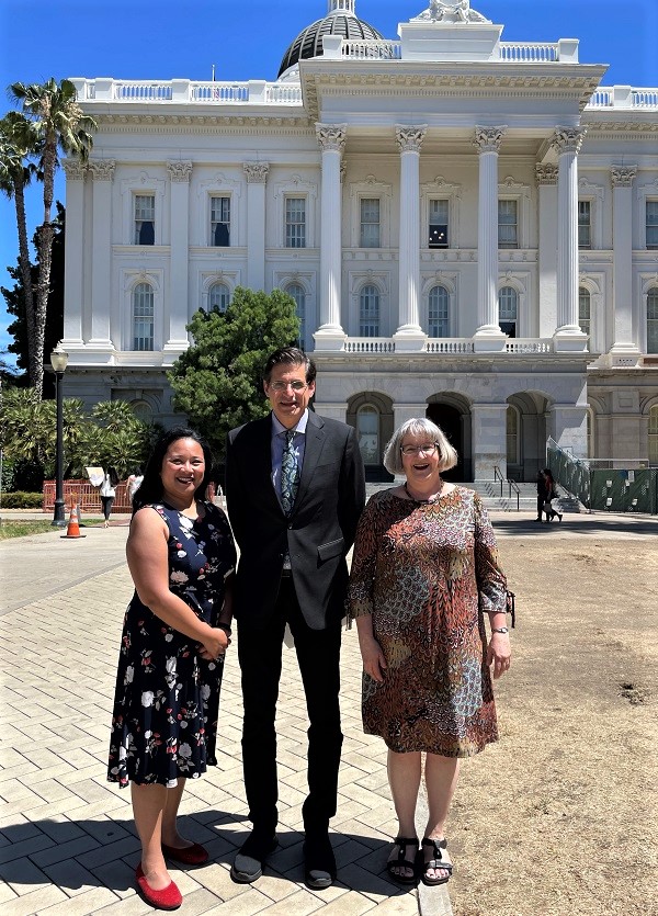 From left, Project Safety Net CEO Mary Cheryl Gloner, State Senator Josh Becker and the Reverend Dr. Eileen Altman, Project Safety Net board chair, outside the state Capitol. June 8, 2022, in Sacramento. Photo courtesy of Senator Becker.