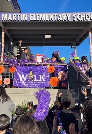 Senator Josh Becker, Martin Elementary School students, teachers, parents and other school supporters hail California’s first Ruby Bridges Walk to School Day.