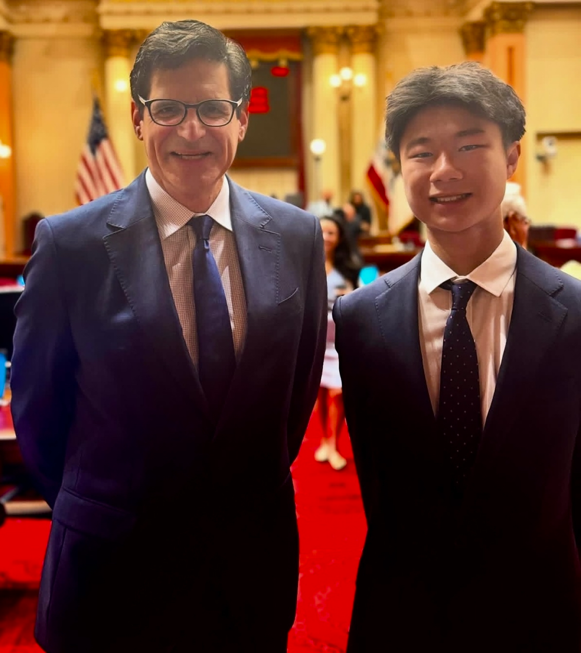 Senator Becker and CIF Student Athlete of the Year Ryan Liu on the Senator Floor.