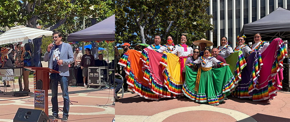 Senator Becker speaking at Palo Alto’s Pride Celebration (right) and dance group Folclorico Colibri (left).