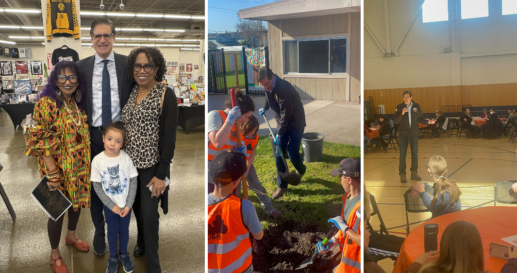 (Left) Senator Becker with Alexis Lewis and Caroline Hoskins. participating in a tree planting in East Palo Alto with Canopy. (Right) Senator Becker speaking at the Peninsula Multifaith Coalition's Day of Service event at Peninsula Jewish Community Center in Foster City.