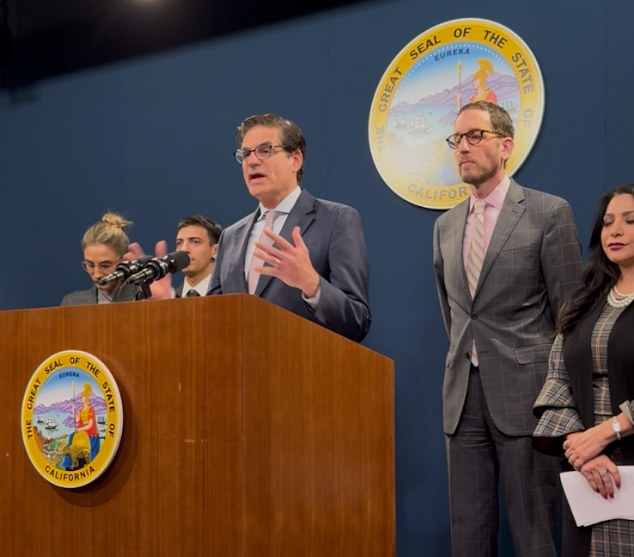Senator Becker speaking at a press conference on SB 747 along with Army Veteran George Retes, Senators Scott Wiener and Suzan Rubio