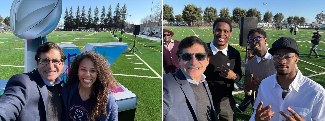 Senator Becker with Gina Sudaria, Superintendent of Ravenswood City School District, and NFL Players Nahshon Wright, Mekhi Blackmon and Rejzohn Wright.