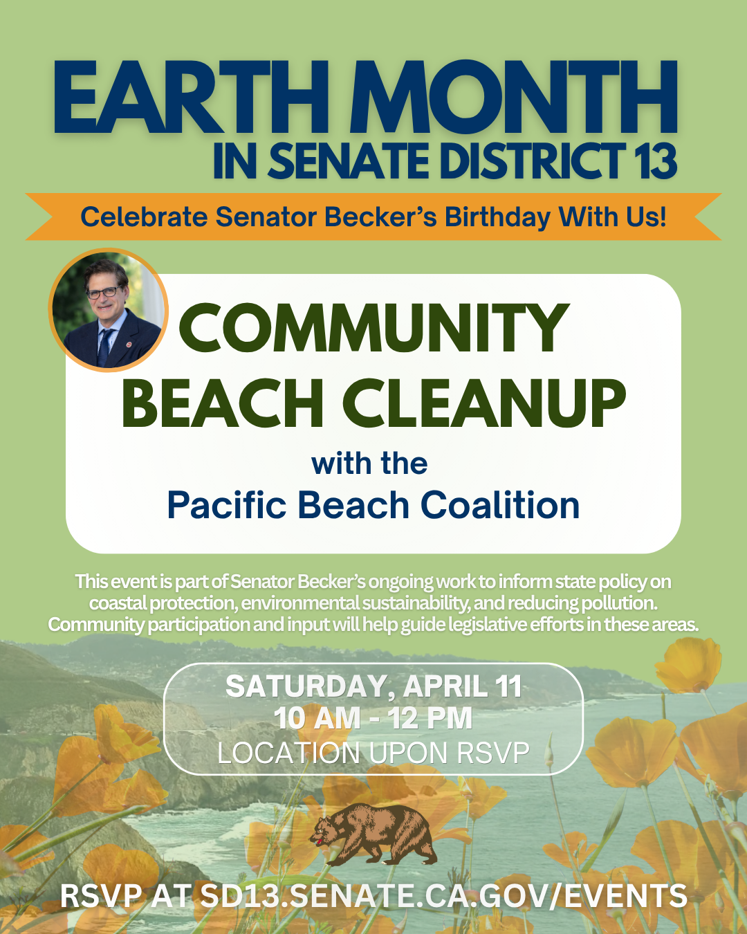 Earth Month Event flyer for the Community Beach Cleanup