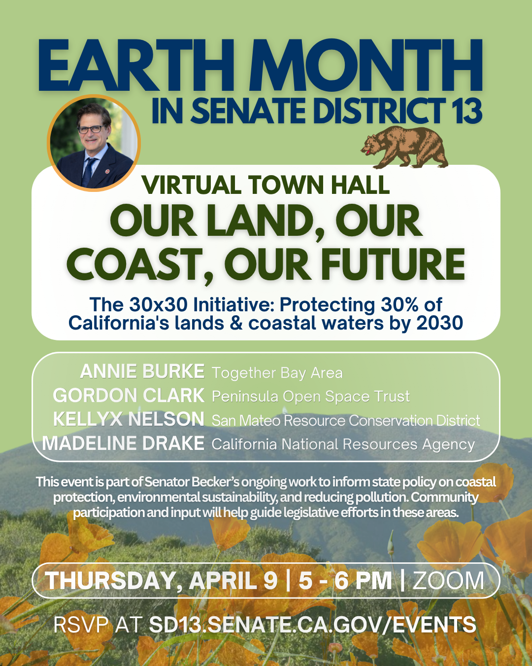 Earth Month Event Flyer for the Our Land, Our Coast, Our Future Virtual Town Hall
