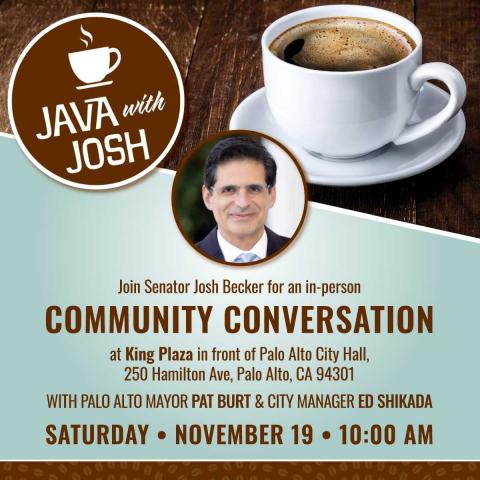 Java with Josh, coffee cup, green and brown background, saturday november 19 at 10am, kings plaza