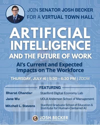 Senator Josh Becker Artificial Intelligence Virtual Town Hall Flyer