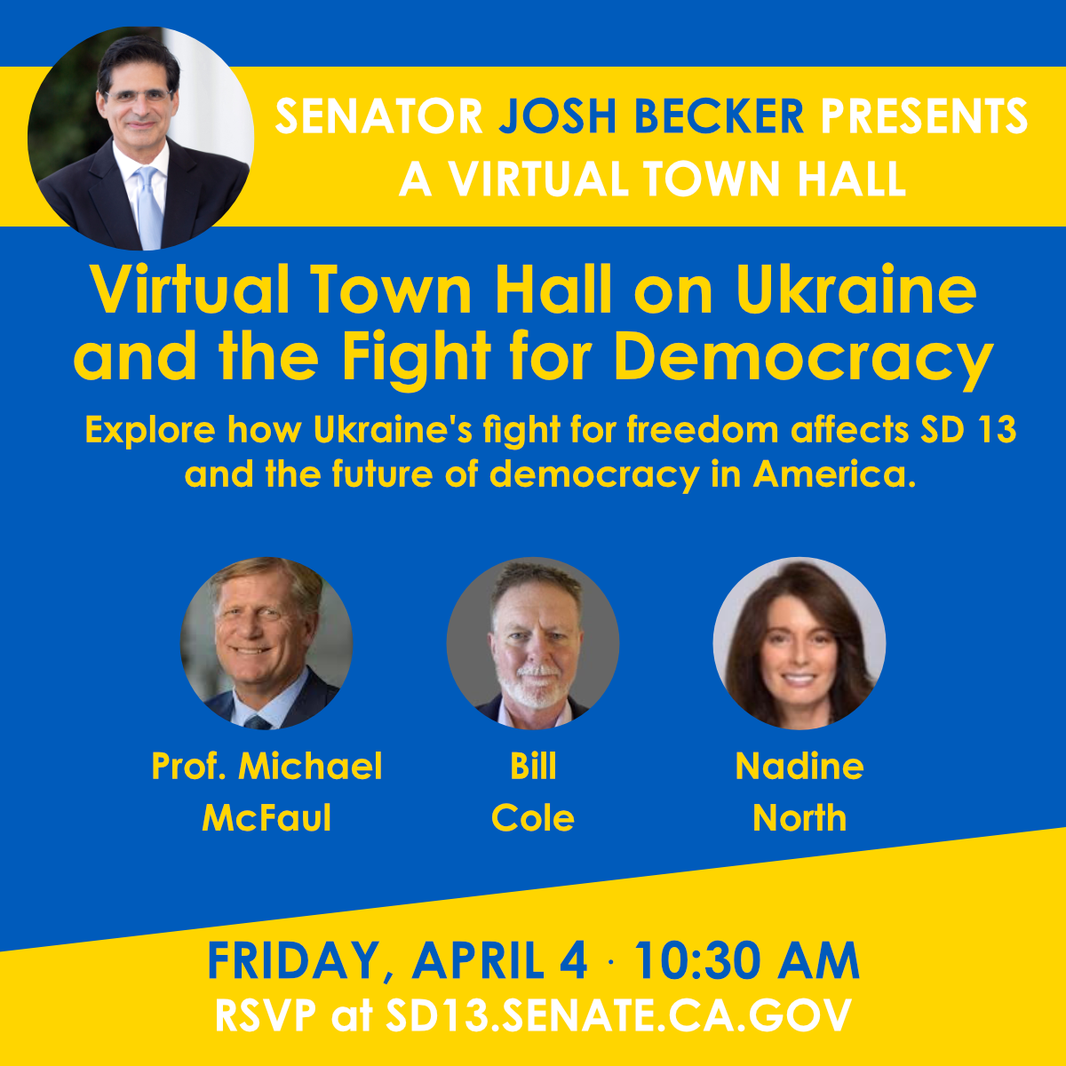 Sen. Becker presents a virtual town hall on Ukraine and the fight for democracy flyer.