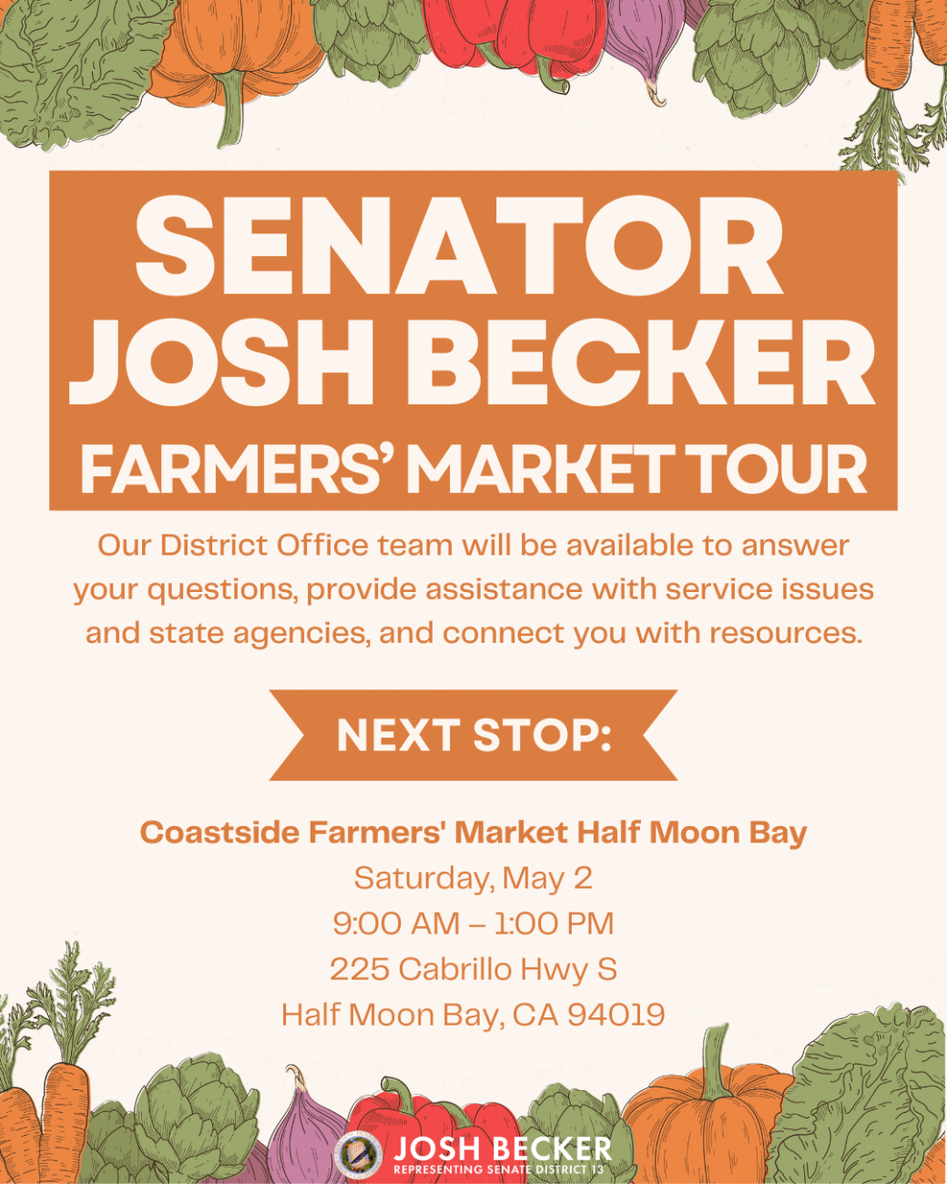 Senator Josh Becker Farmer's Market Tour Flyer 